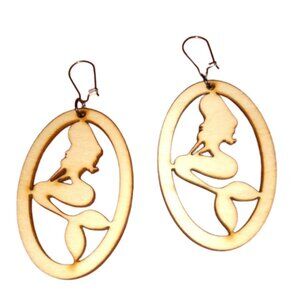 Wood Carved Mermaid Silhouette Festival Earrings Natural Boho Cutout Oval KATTA
